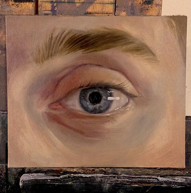 The eyes are back... In progress, oil on board, 4.5 x 5.5 inches.