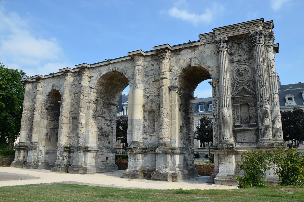 The Porte Mars, an ancient Roman triumphal arch in Reims dating from the 3rd century AD and the widest arch in the Roman world, Durocortorum (Reims, France)
