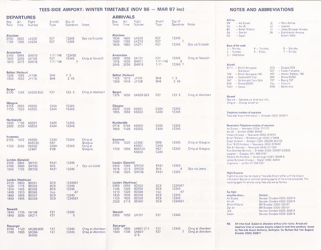 Tees-side Airport (MME) Timetable - November, 1986
