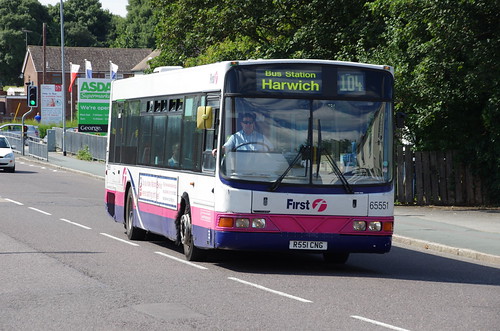 First Essex end-life Scania L113CRL / Wright Axcess Ultralow 65551 , R551 CNG from Eastern Counties still with roller blind + flip dot indicator display | by EastBeach68