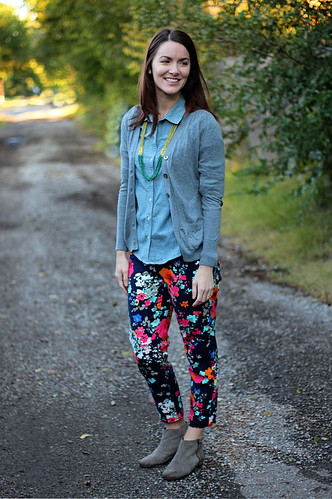 floral-pants-chambray-with-cardigan-1 | by thecreamtomycoffee