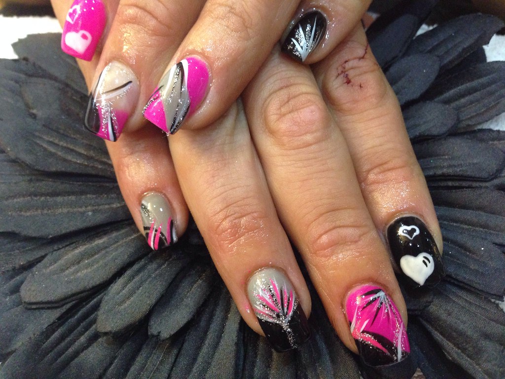 Acrylic nails with pink ,black,grey gelish gel polish free… | Flickr