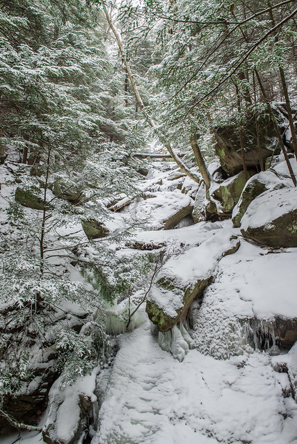 A view up Kildoo Falls at McConnells Mill State Park in the winter