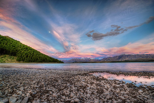 beach caughtinpixels clouds colorful hdr highdynamicrange jacobsurland lake laketekapo landscape moon mountains newzealand pinkclouds reflections southisland stones sunset trees vista water canterbury nz tree fineart warmlight country time light fineartphotography art