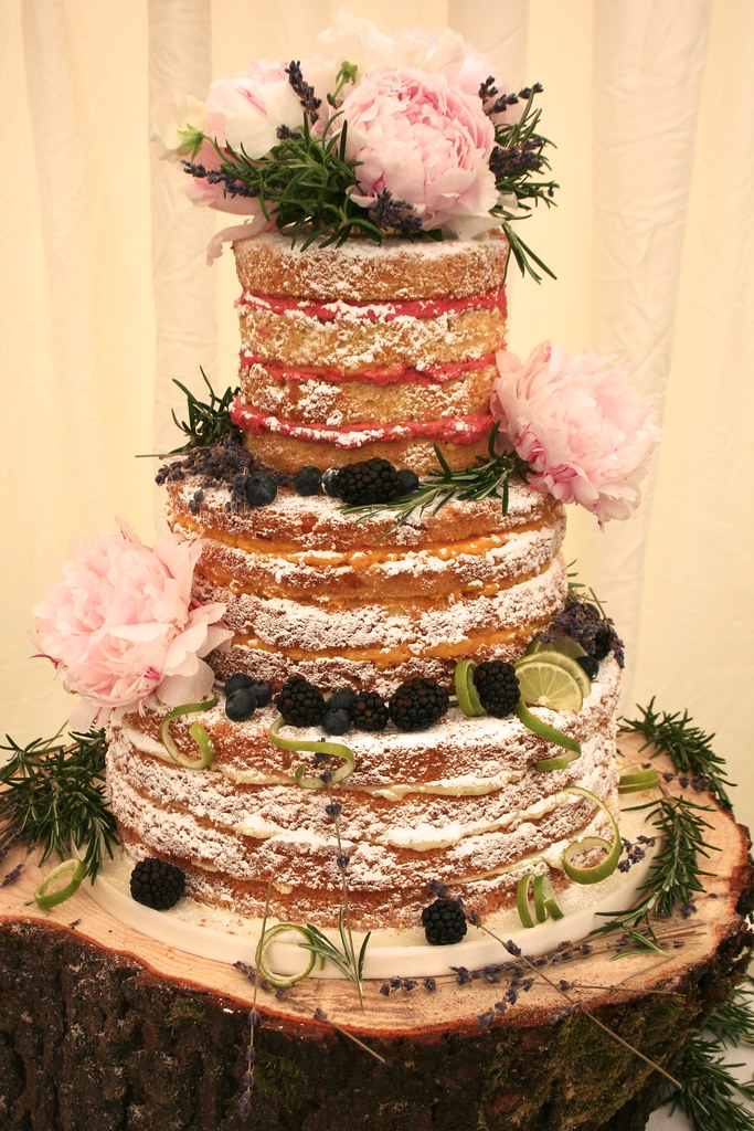Semi Naked Wedding Cake with Pastel Flowers No.W067 