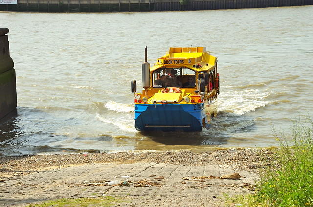 A sequence shot showing the latest DUKW added to the London fleet, Elizabeth, 674 YUK, driving out of the River Thames at Lacks Dock slipway