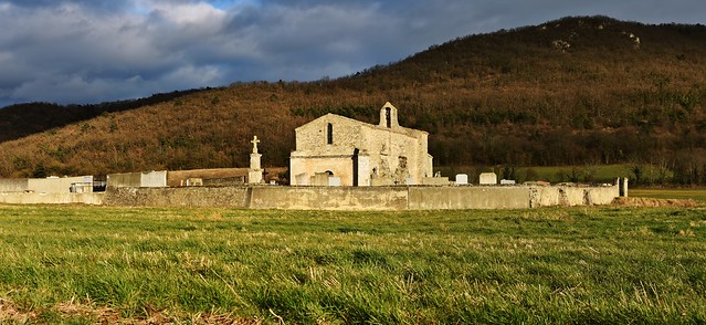 The 12th century church of St. Peter near the village of Peyrus in southern France