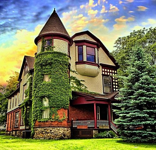 sunset sky house ny newyork brick green architecture clouds anne vines cone district shingles victorian style historic queen foliage ave historical mansion turret hdr utica genesee 1521 oneidacounty onasill