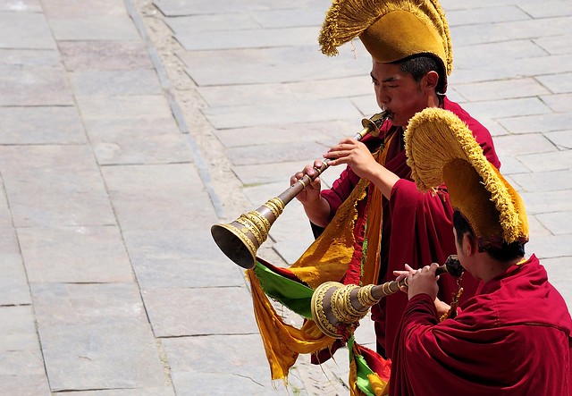 Horn players at the Dharma Festival, Tibet 2012