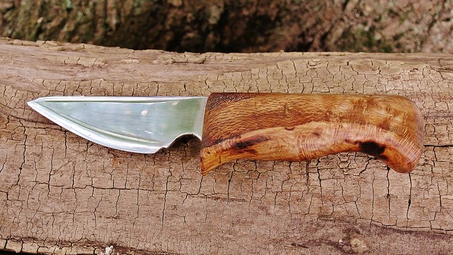 Hunting Knife - Handmade Blade, Sycamore Burl Wooden Handle, and Hand-Sewn Leather Sheath