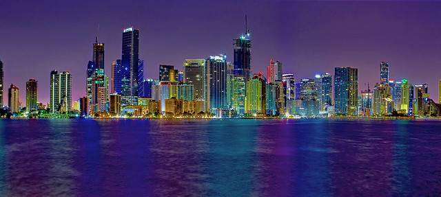 Panoramic view of downtown Miami, Florida, USA from across Biscayne Bay
