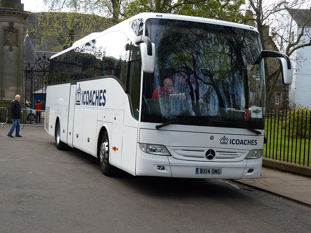 iCoaches of West Drayton Merceds Benz Tourismo BX14OMU at The Palace of Holyrood House, Edinburgh, on 26 April 2017.