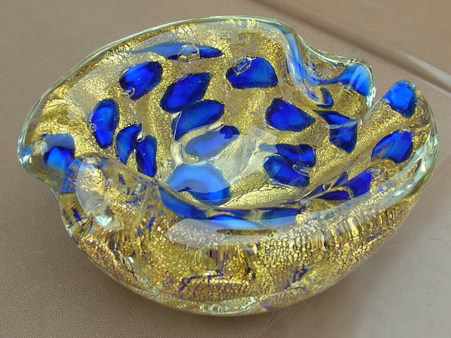 Stunning Murano Sommerso Cased Glass Geode Bowl With Encased Gold Flecks 1960's 70's Mid Century Modern