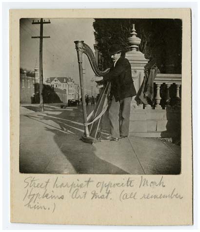 Street harpist opposite Mark Hopkins Art Institute. (All remember him.)