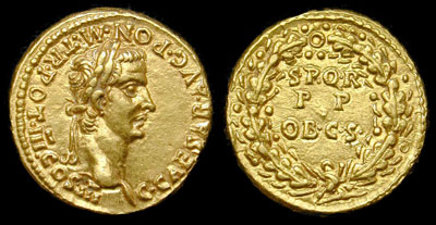 CALIGULA  Aureus, 7,75 g.   Roma & Lugdunum, 40 A.D.   Obverse: C. CAESAR AVG. PON. M. TRP. POT. III. COS. III; Bust of Caligula.   Reverse: S. P. Q. R. P. P. OB. C. S.; Oak wreath.   Reference: BMC 29; BN 37; Calicó 329; C 20; RIC 27.