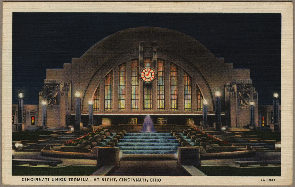 "Cincinnati Union Terminal at Night, Cincinnati, Ohio" / postcard
