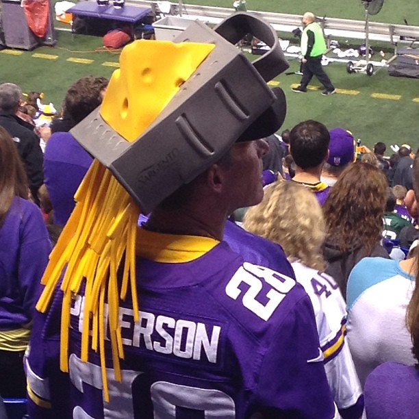 Best head gear at the dome - #vikings fan with cheese grat…