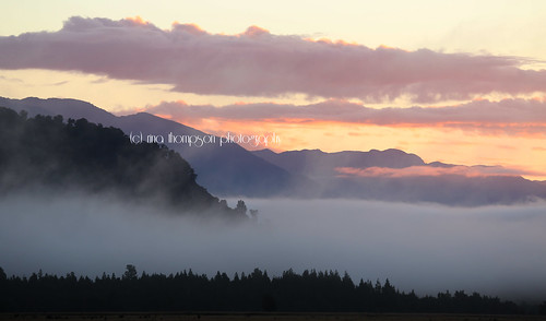 sunset newzealand mist mountains water weather fog clouds rural river farming nz foxglacier southisland westcoast westland southwestland cookriver rinathompson