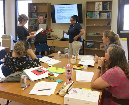 Educators, Sara Pelleteri (UTMSI), Kathryn Takow (San Antonio Zoo), and Suraida Nañez-James (Texas State Aquarium), discuss the patterns of talk during the Reflecting on Practice workshop. Photo credit: Kristin Evans. | by utmsimedia