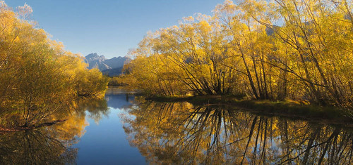 Autumn colours on Glenorchy Lagoon, New Zealand by goneforawander, Stitched panorama.new travel autumn sunset newzealand wild panorama lake alps fall nature composite