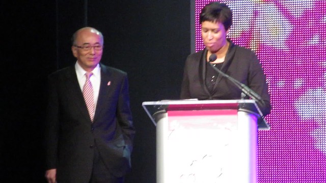 Kenichiro Sasae Ambassador of Japan and Muriel Bowser Mayor of the District of Columbia at The National Cherry Blossom Festival Opening Ceremony in Washington, D.C. USA 2017