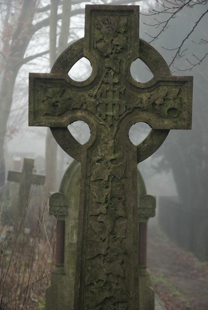 Celtic Cross in the fog, Churchyard, Hendon, London, 21st January 2014