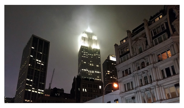 Empire State Building on misty January night