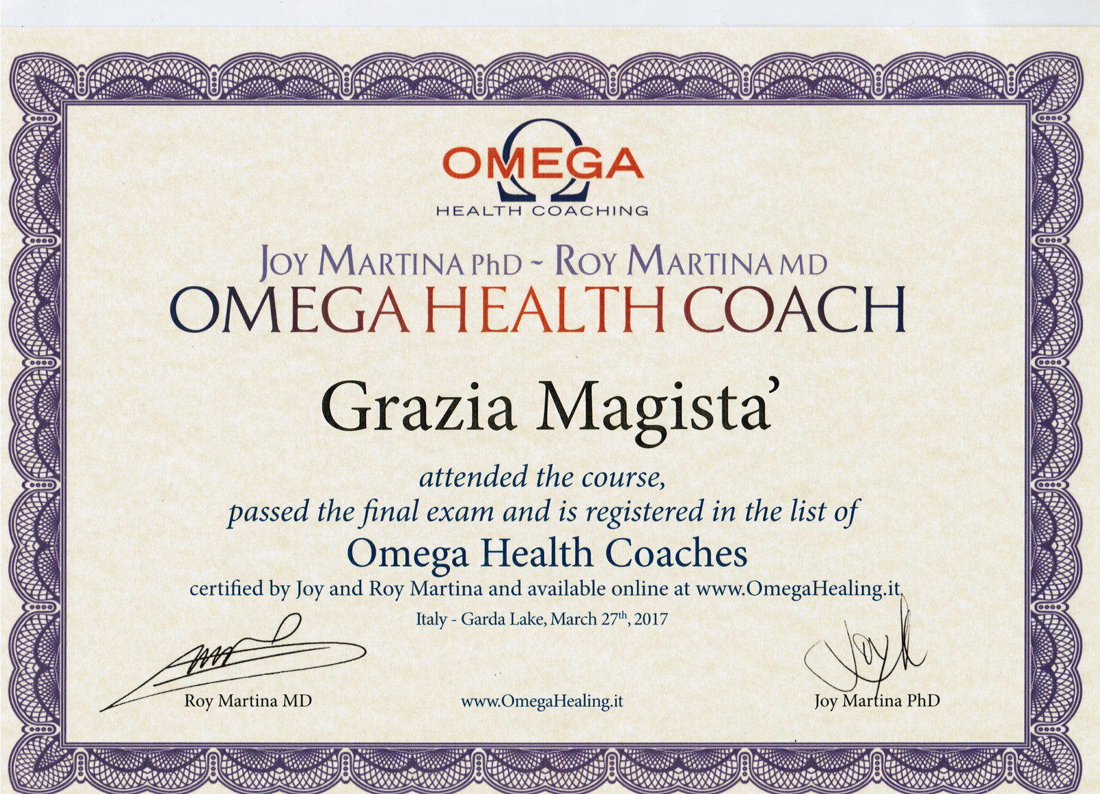 Grazia Dhramini certificato Omega health Coach