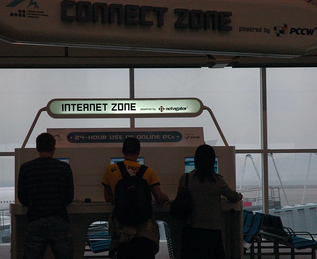 Gray Internet Zone, three users, multinational, Hong Kong International Airport, Hong Kong, China