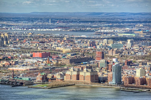 A close up view of Hoboken, New Jersey from the top of the Empire Stat Building in New York City HDR