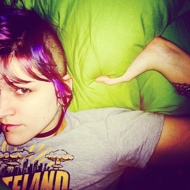 Tempted to stay right here, all day. #inbed #bedhead #sleep #hiding #purplehair #mohawk #messy #me #bed