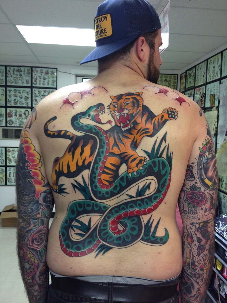Traditional Tiger Snake Backpiece Tattoo by Krooked Ken at… | Flickr