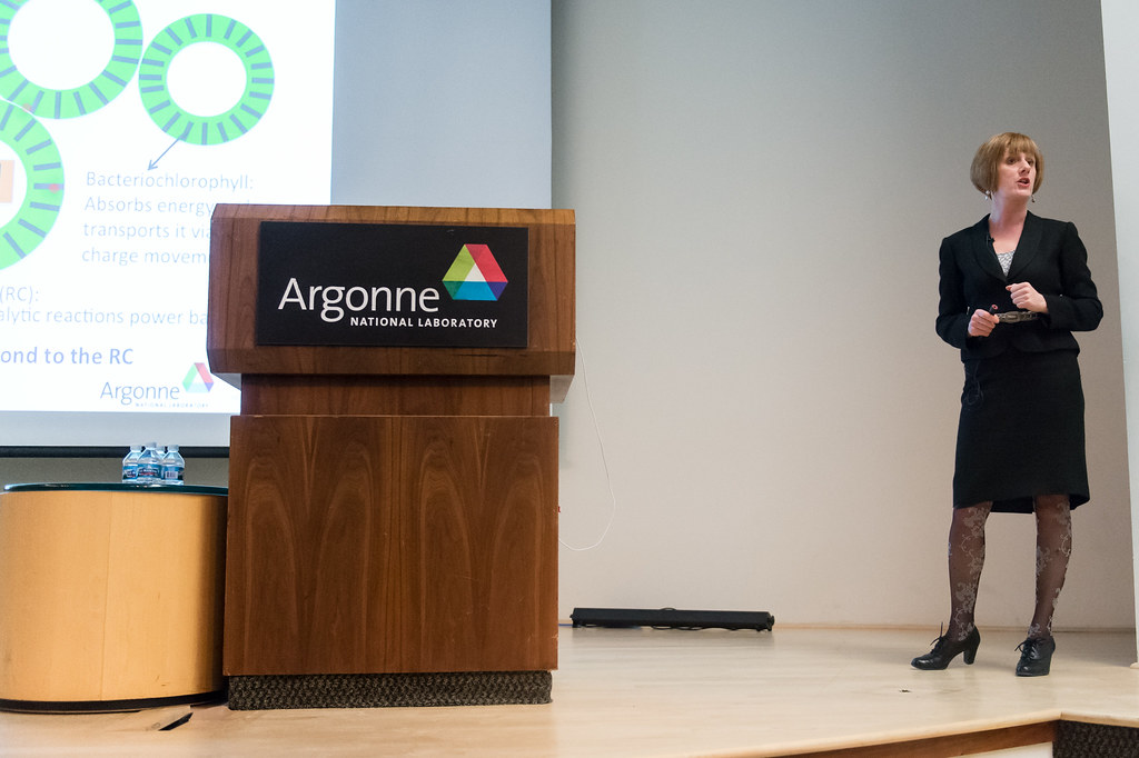 Amanda Petford-Long, Director of Argonne's Center for Nanoscale Materials, speaking next to a lectern