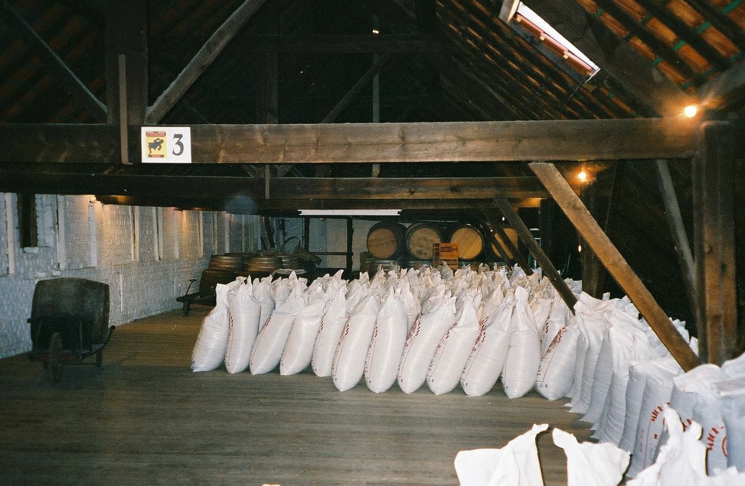 Sacks of grain at Cantillon Brewery, Brussels. My own photo.
