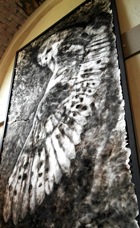 Smoke drawing of an owl by Maria Pavledis at Norfolk by Design's Houghton Hall exhibition