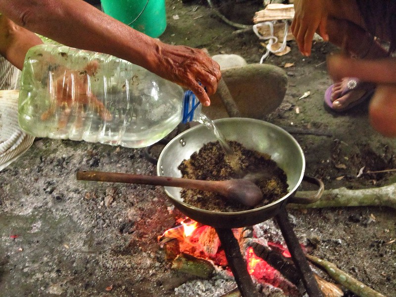 Cooking chocolate over a fire in the Ecuador Amazon