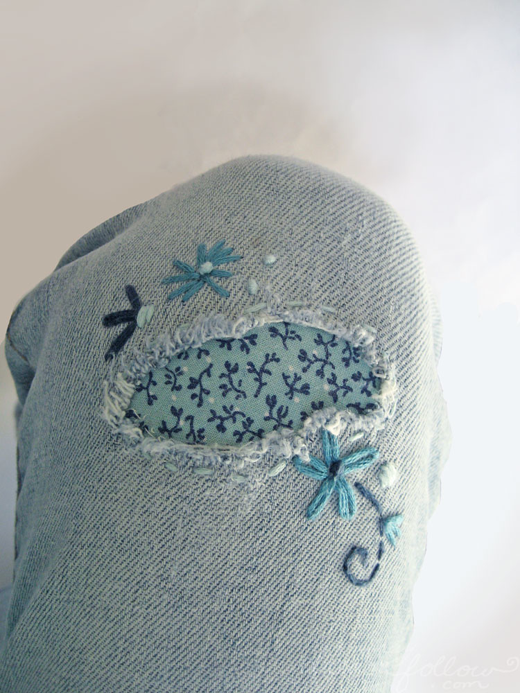 I patched my favorite old jeans with a little embroidery. … | Flickr