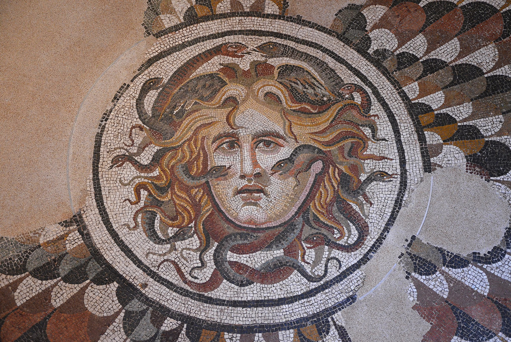 Central panel of a mosaic floor with the head of Medusa, 1st-2nd century AD, National Museum of Rome, Baths of Diocletian, Rome