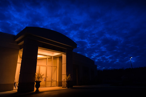 blue chapel by Christian Collins, Nearby Evangelical Church during the blue hour after sunset (actually a blue half hour per the Ephem