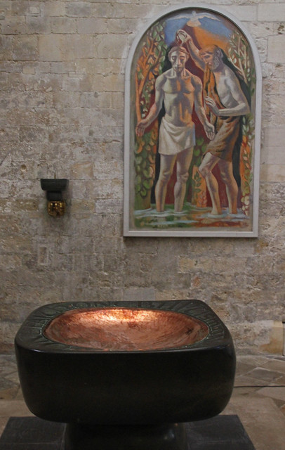 Chichester Cathedral - Font, Baptism painting and Sconce