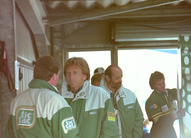 Derek Bell & Henri Pescarolo in the pit garage at the 1990 WSPC, Silverstone. They failed to make the start.