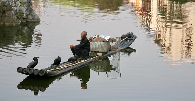 Traditional Cormorant Fisher Man Li River Yangshou Guilin China Asia