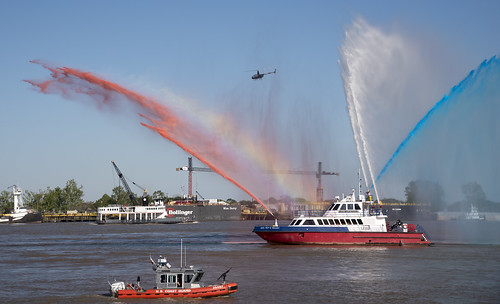 fireboat display on the Mississippi River. French Quarter Festival 2017