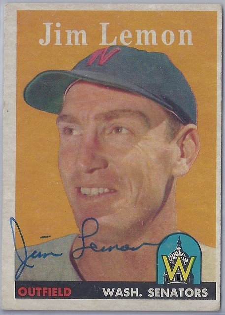 1958 Topps - Jim Lemon #15 (Outfielder) (b: 23 Mar 1928 - d: 14 May 2006 at age 78) - Autographed Baseball Card