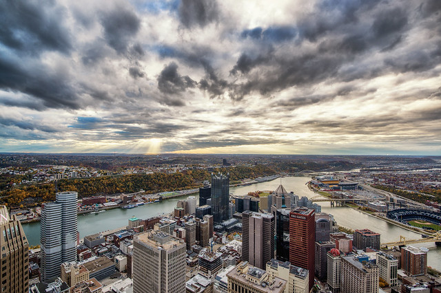 Wide angle view from the roof of the Steel Building in Pittsburgh HDR