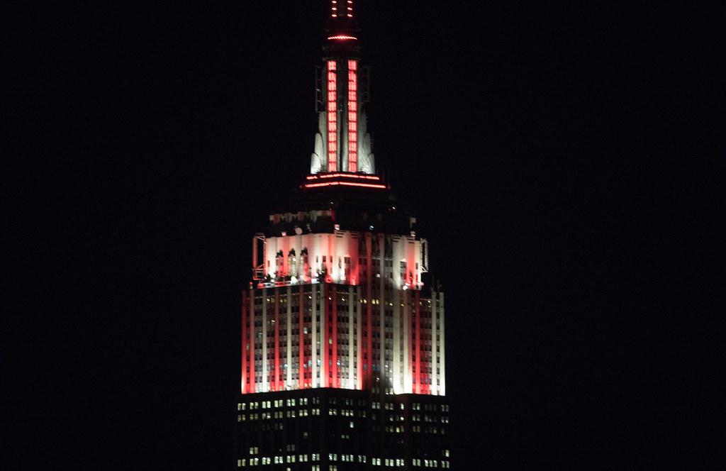 The Empire State Building is lit in Philadelphia Phillies colors in honor of the 2017 MLB season.