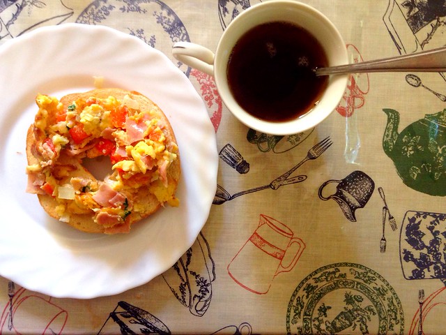 Tea, scrambled eggs, and a bagel for breakfast. #yumyumyum #fewd #foodislife #liveforthefood #mmhhhm #kaybye