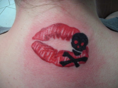 Red Ink Lip Print Tattoo On Left Side Neck