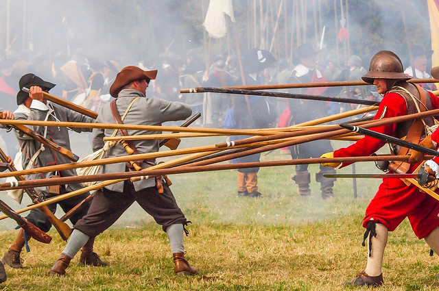 Pikemen attack musketeers at a re-enactment of the Siege of Basing House, an event in the English Civil War