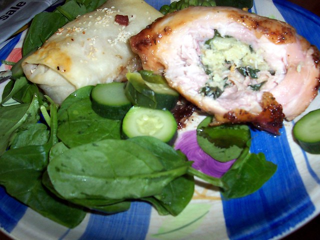 Chicken roll with spinach and camembert, chicken spring roll